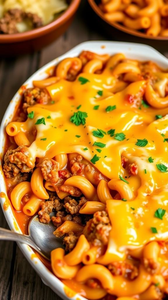 Cheesy Pasta Hamburger Casserole Recipe Cheesy pasta hamburger casserole topped with melted cheese, served on a rustic wooden table.